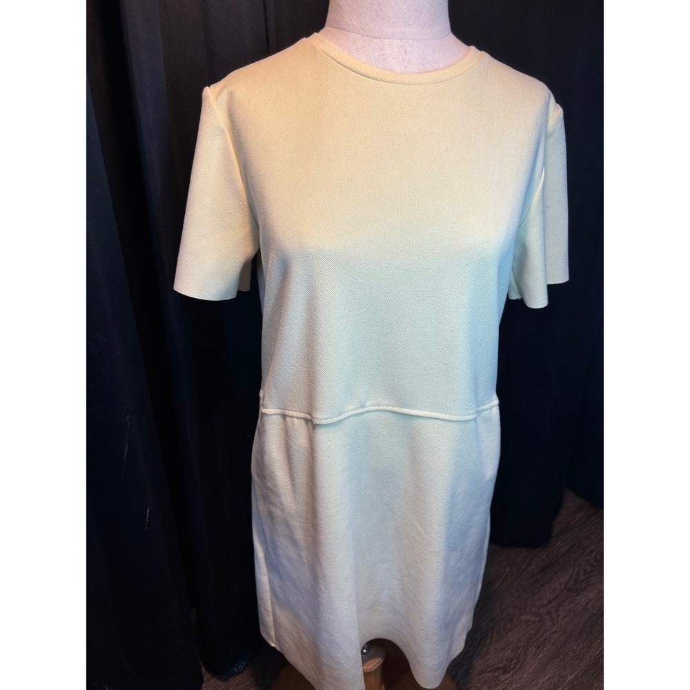 Zara Pale Yellow Textured Short Sleeve Shift Dress with Pockets 5070/451/300/S
